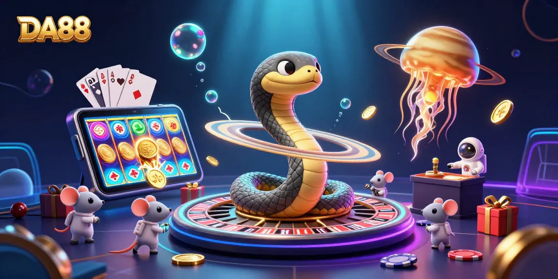Experience thrilling bets with DA88 in this vibrant 3D casino digital illustration featuring cosmic characters and games.
