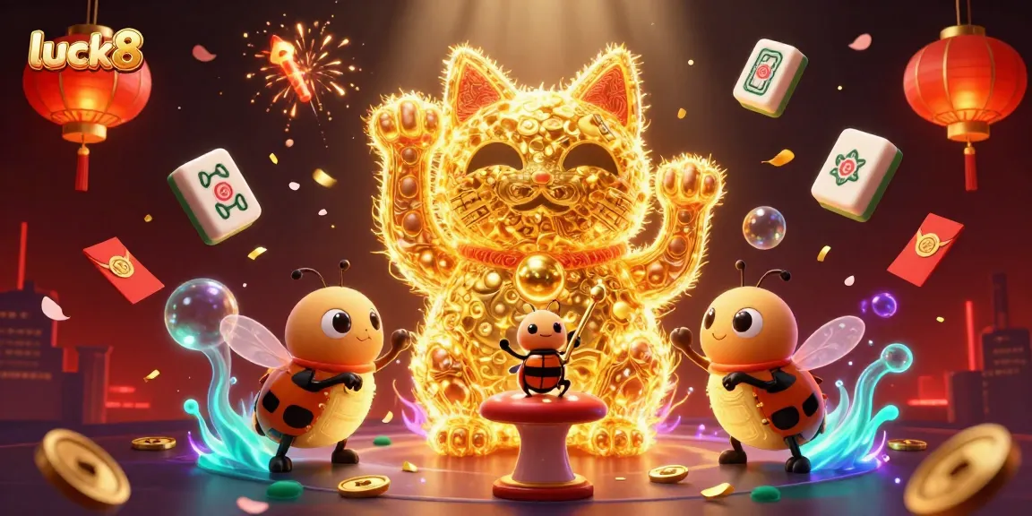 luck8 players enjoy a vibrant 3D casino scene with lucky cat and festive elements enhancing gaming excitement