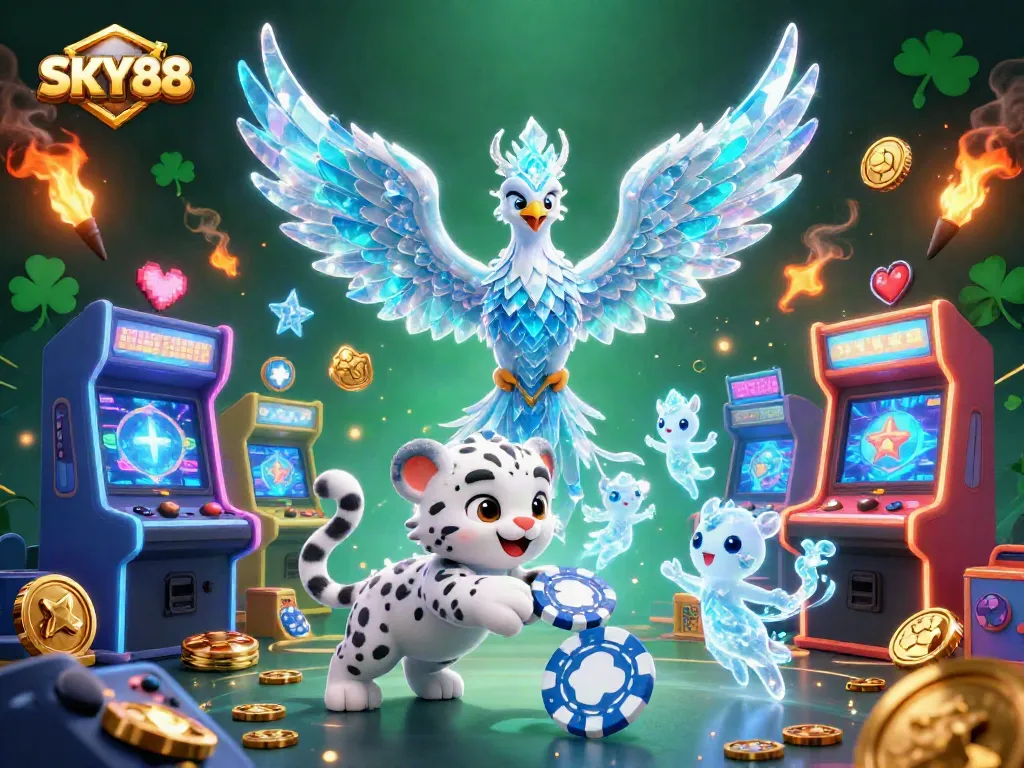 Experience captivating gameplay at SKY88 with an illustrated scene featuring vibrant arcade elements and interactive characters.