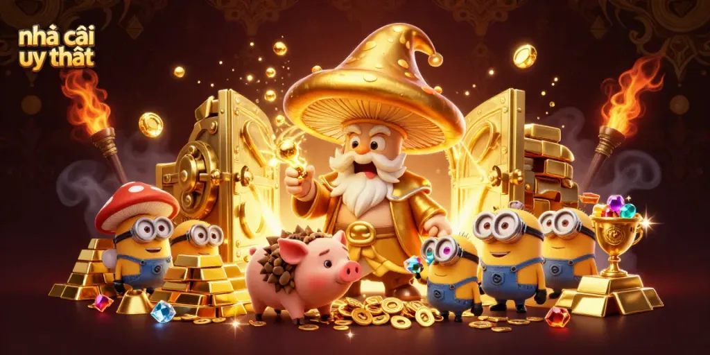 Explore the thriving realm of nhà cái uy tín with vibrant characters and dazzling treasures in a casino-themed world.