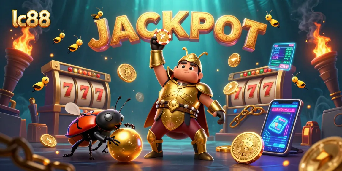 Play and win jackpots at lc88 with a victorious beetle and dazzling casino elements in a 3D scene.