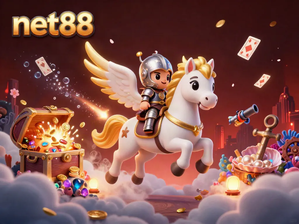 Experience the thrill of net88 through a dynamic 3D scene of gaming adventure, featuring playful characters and enchanting treasures.