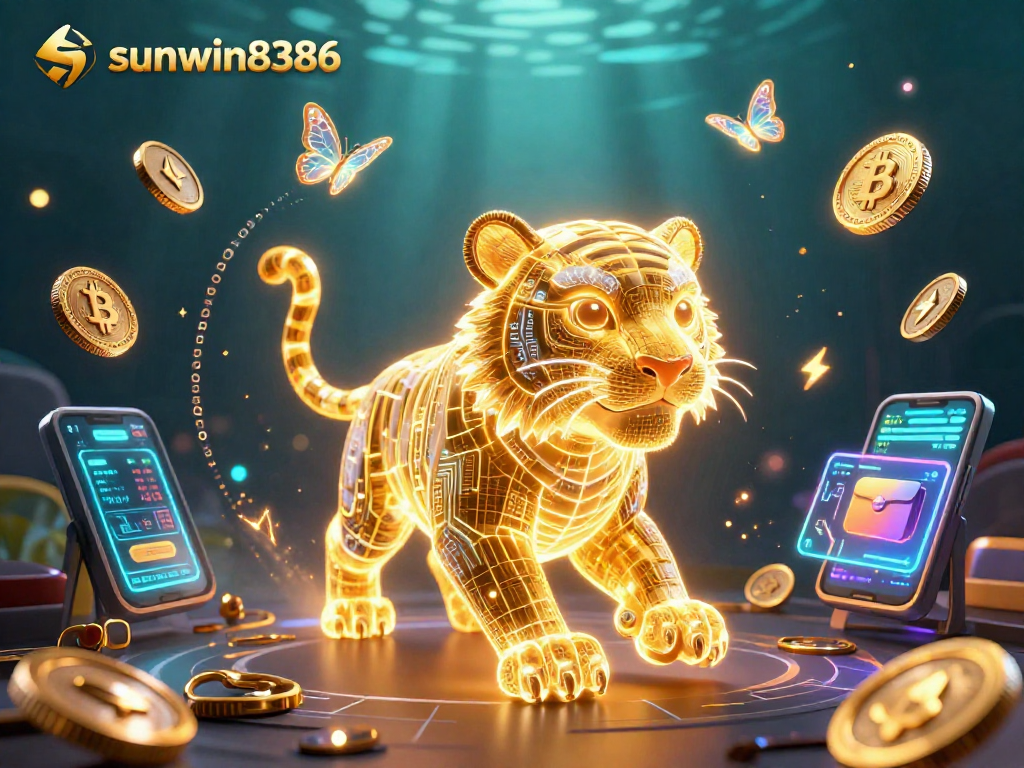 Experience a vibrant casino atmosphere with sunwin8386, featuring a golden tiger and digital coins in a rich 3D scene.