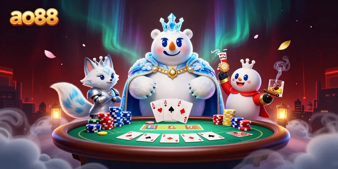 ao88 captures the exciting poker scene with a king polar bear and fox.