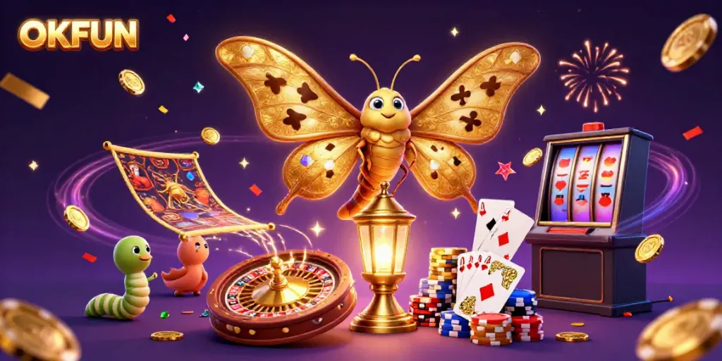 Get lucky at OKFUN with a dynamic digital casino scene featuring vibrant moths and casino symbols.