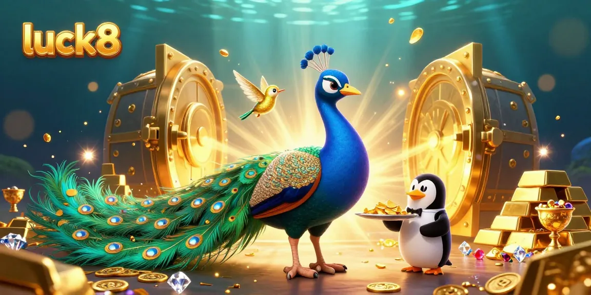 Win big at luck8 with a colorful 3D casino illustration featuring a peacock and treasures.