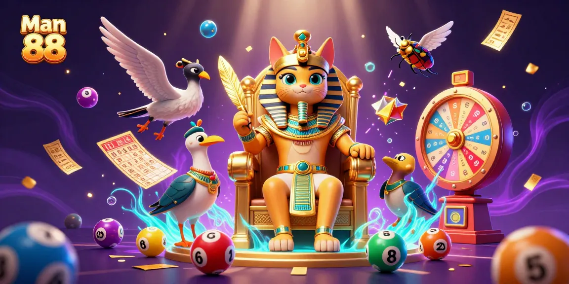 Experience the vibrant excitement of Man 88 through a dynamic casino-themed illustration showcasing lottery elements and an Egyptian cat.