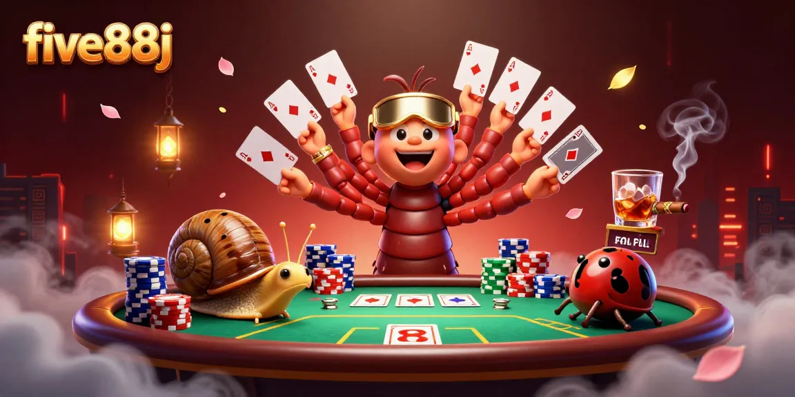 Engage with five88j at a vibrant casino scene featuring a card-dealing millipede and high-roller snail.