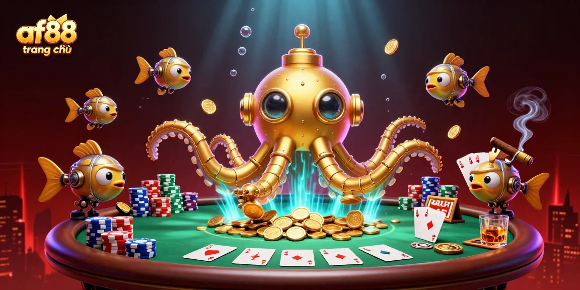 Experience the excitement at af88 trang chủ with a golden kraken submarine amid a vibrant casino scene.