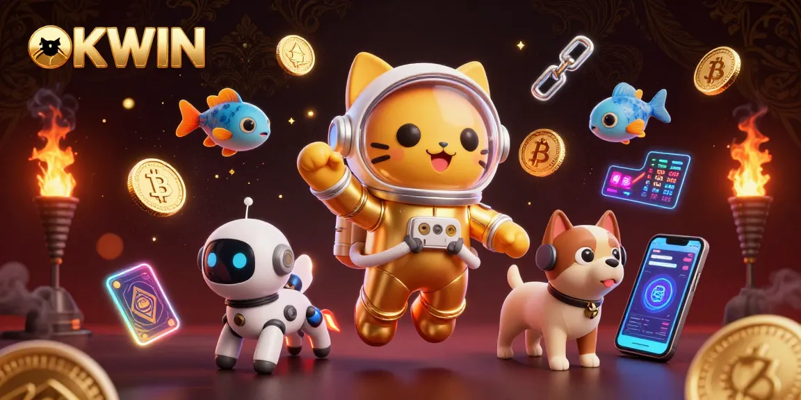 Join the fun at OKWIN with vibrant illustrations of gold elements and space-themed characters.