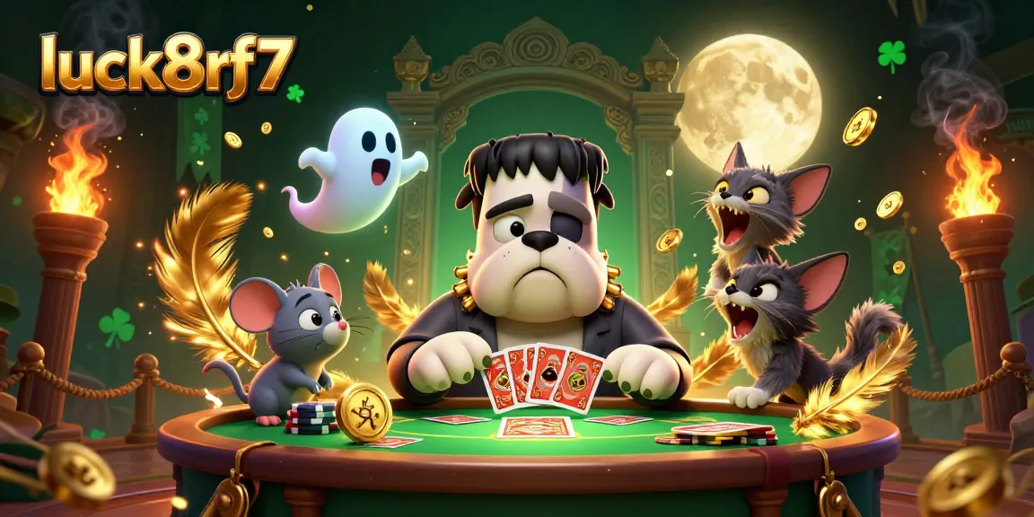 Experience luck8rf7 as a Frankenstein bulldog monster engages players at a spooky casino table.